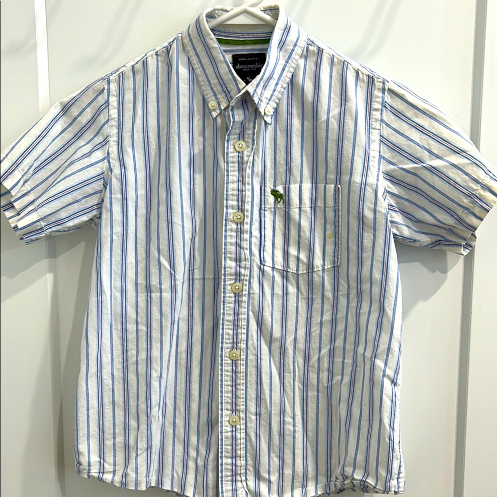 ABERCROMBIE & FITCH Kid’s White/Blue Striped Short Sleeve Casual Shirt |Size L
